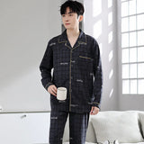 Triogift  New Men Pajamas Set Long Sleeved Pure Cotton Cardigan Lapel External Wear Comfortable Breathable Home Clothing Suit Male Autumn