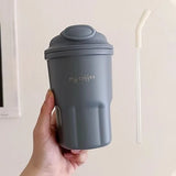 Triogift -  Cute Korean Coffee Cup Thermos With Straw Tumbler 450ml Sainless Steel Thermal Cup Portable Water Bottle Keep Hot Cold Cup Gift