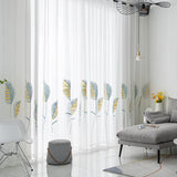 Triogift  Pastoral Yellow Leaves Embroidery Sheer Curtain for Living Room Voile Drape Kitchen Window Home Decoration Grommet Ring #E