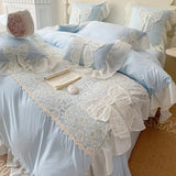 Triogift Korean Princess Wind Bedding Set Lace Bow Solid Color Beautiful Edge Lace Pleated Bedding Cover Luxury Girl Wedding Home Bed