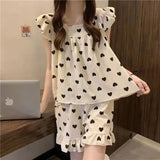 Triogift  Heart Print Women Pajamas Sets for Home Summer Sleepwear Shorts Sleeve 2 Pieces Night Wears Korean Square Collar Home Suit