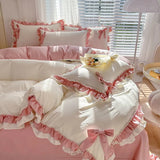 Triogift  Pink Girl Bedding Set Luxury Princess Ruffle Bow Bed Linen Thicken Warm Washed Cotton Quilt Cover Sheet Pillowcase Decor Bedroom