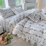 Triogift  Chic Duvet Cover Set Cotton King Size Double Bed Print Floral Princess 4pcs Bedding Set Ruffle Skirted Bedspread 2 Pillowcases