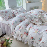 Triogift  Chic Duvet Cover Set Cotton King Size Double Bed Print Floral Princess 4pcs Bedding Set Ruffle Skirted Bedspread 2 Pillowcases