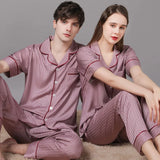 Triogift  High Quality Couple Pajamas Suit Summer Short Sleeve Long Pant Home Cloth Men Ice Silk Thin Satin Large Size Sleepwear Set Women