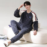 Triogift  High Quality Men Pajamas Suit Coral Velvet Winter Warm Loose Fitting Thick Plush Flannel Sleepwear Set Home Wear Male Nightwear