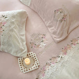 Triogift  Girl's Heart Flower Embroidery Warm Milk Plush Duvet Cover Winter Double Sided Bed Sheet Bedding Supplies