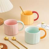 Triogift  -  Korean Style Ins Macaron Color Mug Simple Niche Design Vertical Pattern Ceramic Cup with Handle Coffee Cup Spoon suit