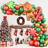 Triogift Christmas Balloon Garland Arch Chain Set Red Green Gold Candy Balloons with Gingerbread Man Candy Cane and Lollipop Decorations