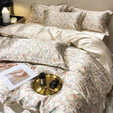 Triogift  Floral Mulberry Silk Bedding Set with Duvet Cover Bed Sheet Luxury High-end Quilt Cover Fitted/Flat Bedsheet Double Queen Size