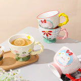 Triogift  -  1pc 450ml Ceramic Hand-painted Embossed Breakfast Mugs Large Capacity Oatmeal Cups Cute Creative Milk Cups Coffee Cups Gifts