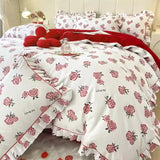 Triogift  King Size Bedding Set 100% Cotton Red Wedding Bedding Set Floral Printed Bed Linen Duvet Cover Set Bed Sheets and Pillowcases