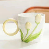 Triogift  -  1pc Tulip Flower Ceramic Mug 3D Design Creative Relief Girl Heart Coffee Cup Birthday Mothers Day Gift for Her Afternoon Tea Cup