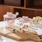 Triogift  -  1pc Butterfly Glass Coffee Mug With Lid And Spoon Heat Resistant Glass Coffee Mugs Cute Girly Water Cups Summer Drinkware