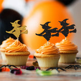 Triogift 12Pcs Halloween Collection Of Gold And Black Witches Riding On Broomsticks Cupcake Topper Birthday Cake Decor Halloween Supplies