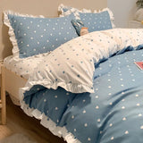 Triogift Fashion Lattice Bedding Set Bed Sheet Cute Princess AB Double Sided Ruffle Flower Quilt Cover Pillowcase Bedclothes Home Textile