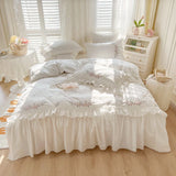 Triogift 100% Cotton Princess White Bedding Sets Korean Ruffle Bedspread Flower Embroidery Duvet Cover Bed Skirt Pillowcases Home Textile