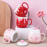 Triogift  -  1pc 450ml Cute Strawberry Ceremic Cup with Lid Spoon Water Cup Coffee Mug Creative Gift Easy To Clean Summer Winter Drinkware