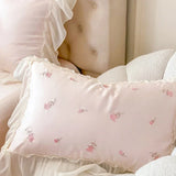 Triogift  Pink French Style Princess Bedding Set Rose Embroidery Lace Ruffles Lyocell Fabric Soft Silky Duvet Cover Bed Sheet Pillowcases