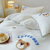 Triogift Cute Bear Embroidery Bedding Set Lovely Cartoon Sheep Single Double Duvet Cover Set Soft Skin Friendly Quilt Cover Pillowcase