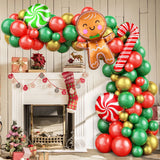 Triogift Christmas Balloon Garland Arch Chain Set Red Green Gold Candy Balloons with Gingerbread Man Candy Cane and Lollipop Decorations