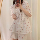 Triogift  Peach Women Pajamas Sets for Home Summer Ruffle Sleepwear Shorts Sleeve Lace 2 Pieces Square Collar Night Wears Korean Home Suit