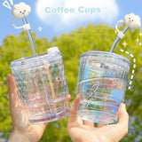 Triogift  -  Kawaii Iridescent Glass Cup With Lid Straw For Coffee Water Wine Beer Juice Milk Tea Glass Cups Simple Ice Drinking Cup Gift