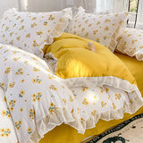 Triogift French Golden Sunflower Floral Lace Seersucker Bedding Set Washed Cotton Four-piece Set Student Bed Sheet Three-piece Set