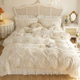 Triogift  French Princess Style Lace Quilt Cover, Warm Winter Bedding, Lace, Lace, Coral Velvet, Bed Skirt, 4-Piece