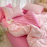 Triogift  Pink Ruffled Seersucker Duvet Cover Set Soft Lightweight Solid Color Bedding with Bed Sheet and Pillowcases Single Twin Ful Size