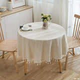 Triogift Linen Cotton Plain Tablecloth with Tassels Round Table Household Circular Table Cover Home Party Table Wedding Decoration