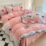 Triogift  Korean Seersucker Bedding Set Princess Girls Lace Ruffled Bow Duvet Cover Double Bed Sheets Washed Cotton Twin Queen Quilt Cover