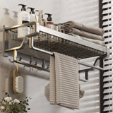 Triogift Bathroom Shelf Towel Hanger Rack Wall-mouted Double Rod Mesh Basket Towel Rack Holder Toiletries Storage Bathroom Wall Shelves