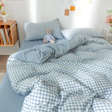 Triogift Blue Checkerboard Print Bedding Sets Nordic Duvet Cover Simple Lattice Quilt Cover Bed Sheet For Kdis Adults Bedclothes