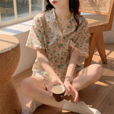 Triogift  Floral Sleepwear Women Pajama Sets Summer Piiama Korean Ruffle Short Sleeve Home Suit 2 Pieces Sleeping Night Wears Pyjamas New