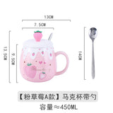 Triogift  -  1pc 450ml Cute Strawberry Ceremic Cup with Lid Spoon Water Cup Coffee Mug Creative Gift Easy To Clean Summer Winter Drinkware