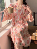 Triogift Peach Robe for Women V-neck Summer Sleepwear Nightdress Japanese Solid Night Wears One Piece Lace-up Korean Reviews Many Pajama