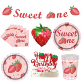 Triogift  Sweet one Strawberry party plates cups napkins Banner Strawberry Balloon kids Sweet One Strawberry 1st Birthday party Decoration