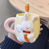 Triogift  -  Korean Style Cute Rabbit Ceramic Mug Cartoon Hand-painted Embossed Coffee Cup Household Milk Cup with Handle Spoon suit