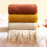 Triogift Textile City Home Decorative Thickened Knitted Blanket Corn Grain Waffle Embossed Winter Warm Tassels Throw Bedspread 130x240cm