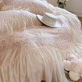 Triogift  Pink Flowers Embroidery Bedding Sets Luxury Egyptian Cotton Chiffon Lace Duvet Cover Bed Sheet Pillowcases Princess Bedclothes