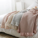 Triogift 100% Cotton Soft Bed Plaid Home Japenese Knitted Blanket Corn Grain Waffle Embossed Summer Ruffles Warm Plaid Throw Bedspread