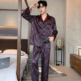 Triogift  High Quality Men's Pajamas Suit Spring Autumn Ice Silk Long sleeved Cardigan Outdoor Satin Sleepwear Male Homeclothes Summer Boy