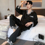 Triogift  High Quality Men Pajamas Suit Spring Autumn Satin Chiffon Thin Sleepwear Long Sleev Casual Home Clothing Set Outdoor Summer Male