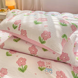 Triogift Pink Flowers Bedding Set Cartoon Rabbit Floral Duvet Cover Queen Full Twin Size Flat Bed Sheet Pillowcase Kawaii Bed Linen