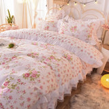 Triogift Korean Style Bedding Set Cotton Fresh Garden Princess Lace Ruffles Pillowcase Supper King Size Duvet Cover Bed Set