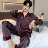 Triogift  High Quality Men's Pajamas Suit Spring Autumn Ice Silk Long sleeved Cardigan Outdoor Satin Sleepwear Male Homeclothes Summer Boy