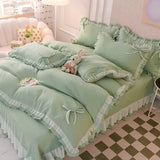 Triogift Green Bedding Sets Kawaii Seersucker Bed Sheet Pillowcase Fashion Girl Princess Duvet Cover 4 Pieces Cute Home Decoration