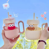 Triogift  -  600ml Kawaii Glass Cup With Lid And Straw For Ice Hot Coffee Water Tea Juice Glass Mug Bottle Aesthetic Large Drink Bottle Gift