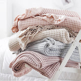 Triogift 100% Cotton Soft Bed Plaid Home Japenese Knitted Blanket Corn Grain Waffle Embossed Summer Ruffles Warm Plaid Throw Bedspread